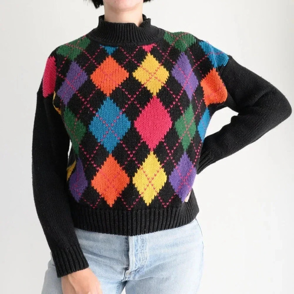 Vintage Attitude Black Argyle Pattern Knit Mockneck Sweater S - Picture 2 of 12